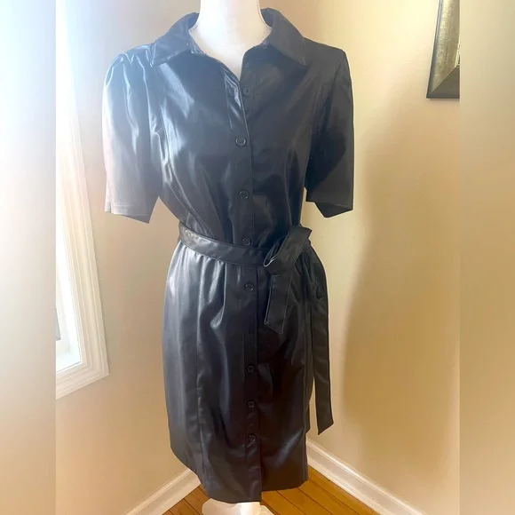 dkny faux leather dress DKNY Puff Sleeve Faux Leather Shirtdress – HIGHSTREET.CO.ZA main image 0